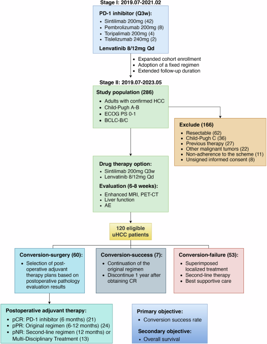Sintilimab (PD-1 inhibitor) plus lenvatinib as conversion therapy followed by sequential surgery (SILENSES) for advanced unresectable hepatocellular carcinoma: a phase II, expansion trial Sintilimab (PD-1 inhibitor) plus lenvatinib as conversion therapy followed by sequential surgery (SILENSES) for advanced unresectable hepatocellular carcinoma: a phase II, expansion trial