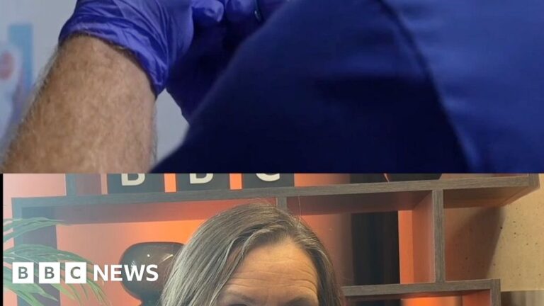 Lung cancer patient first in world to get new vaccine A split screen image of a needle at the top and our health correspondent Gill Dummigan at the bottom.