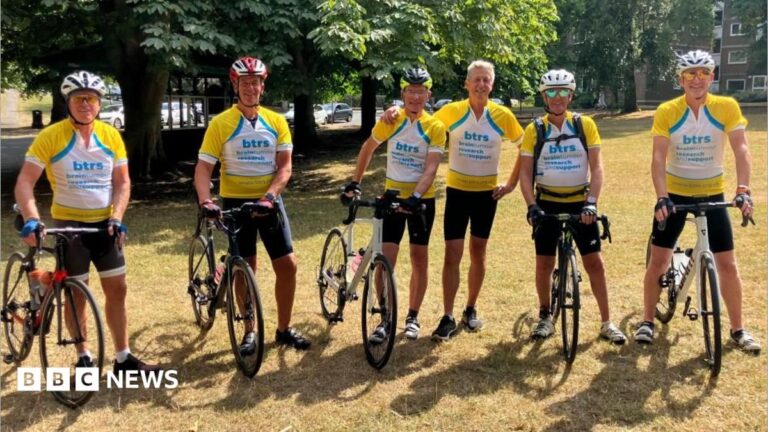 Harrogate group’s Boardeaux cycle for friend with brain tumour Six men wearing yellow branded cycling jerseys which read "B T R S, brain tumour research and support". They are standing with bicycles in a park, and most wear cycling helmets.