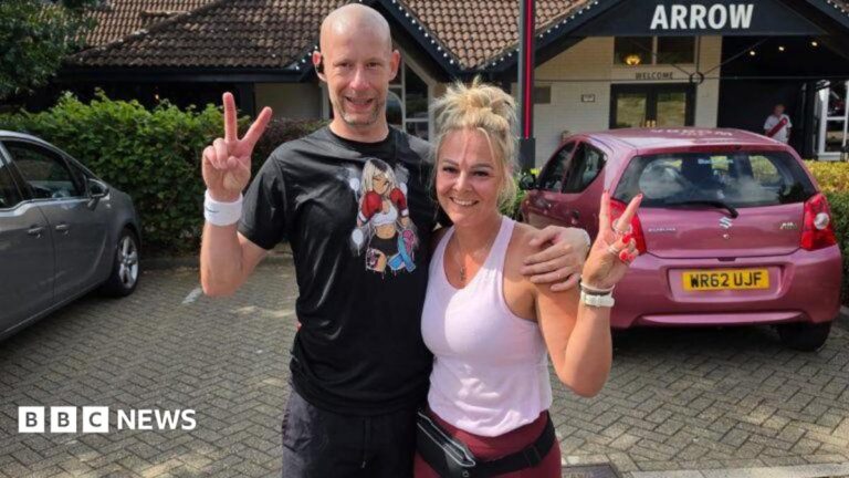 Man fundraises for stranger's dream trip Three side by side photos from left a woman's legs wearing a skirt and flip flops, a man's legs wearing shorts and a woman wearing a white strappy top